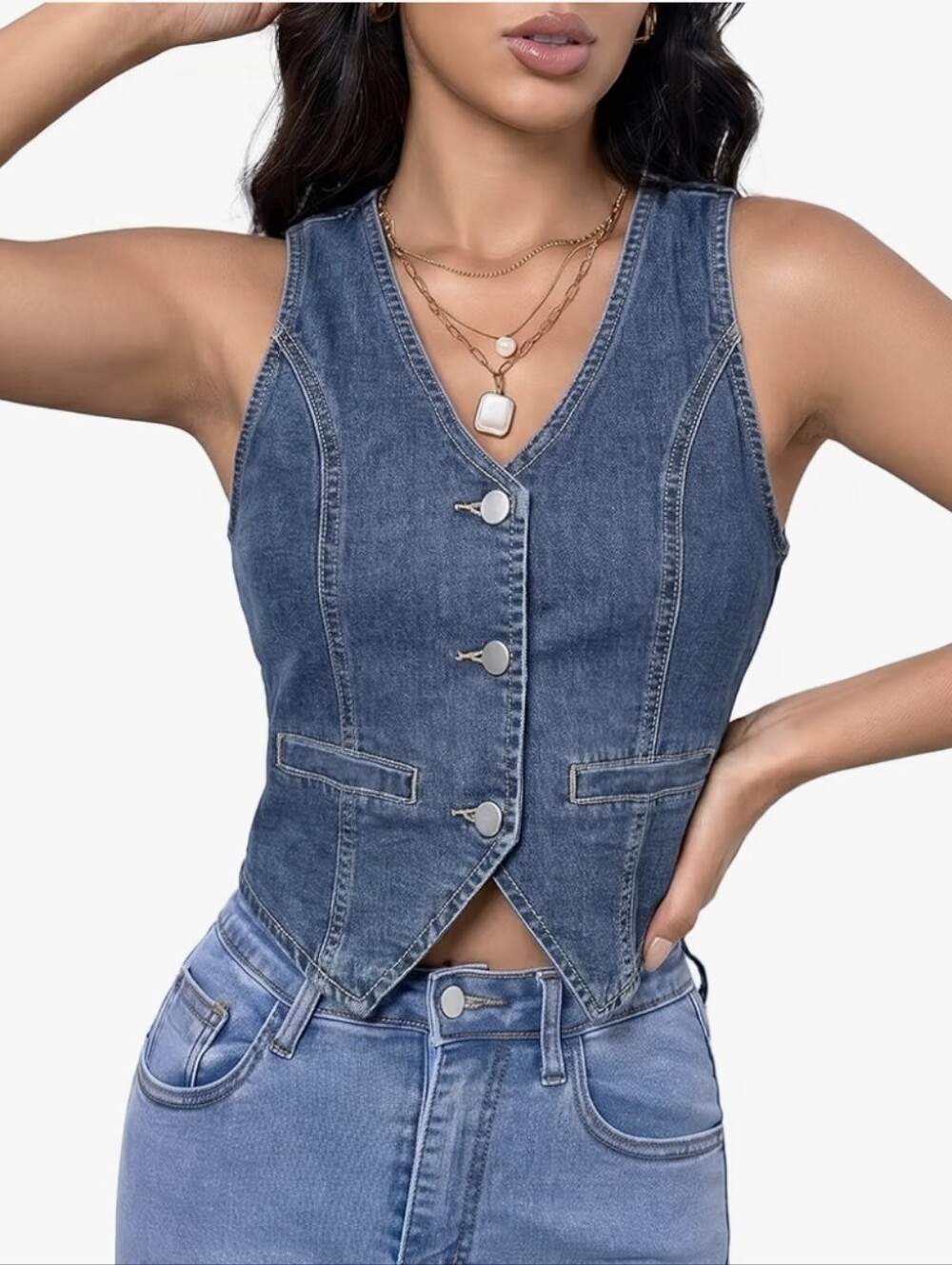 Denim Button-Front Vest Top